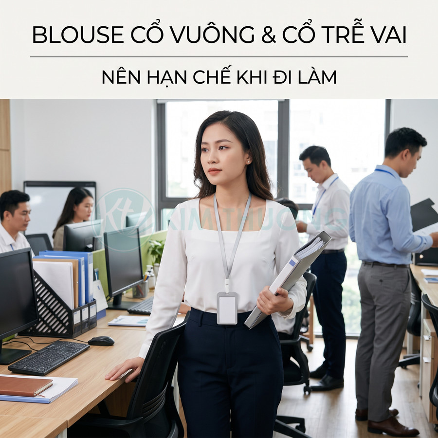 Nữ nhân viên văn phòng mặc áo blouse cổ vuông trắng và quần tây tối màu cầm tài liệu trong không gian làm việc